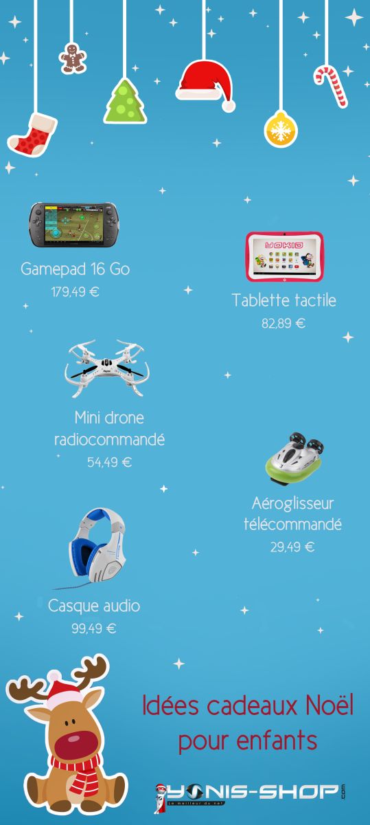 Infographie présentant diverses idées de cadeaux de Noël pour les enfants : 5 jouets high-tech